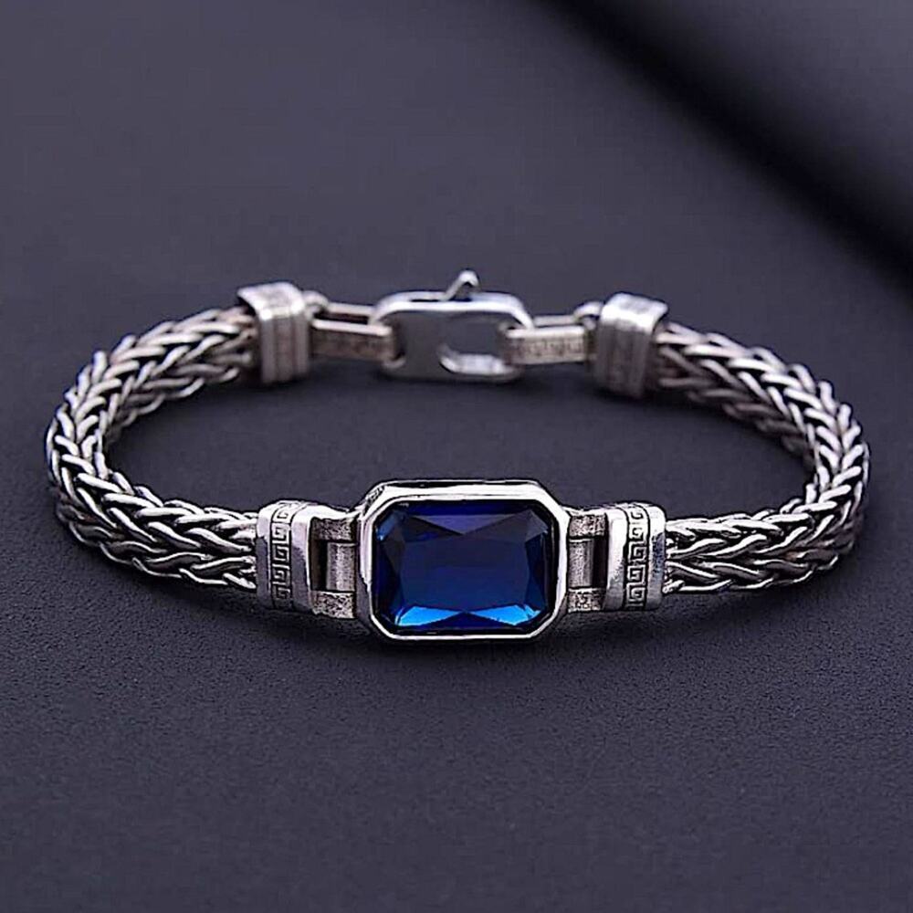 Sterling Silver Blue Zircon Braided Bracelet, Unisex, Handmade